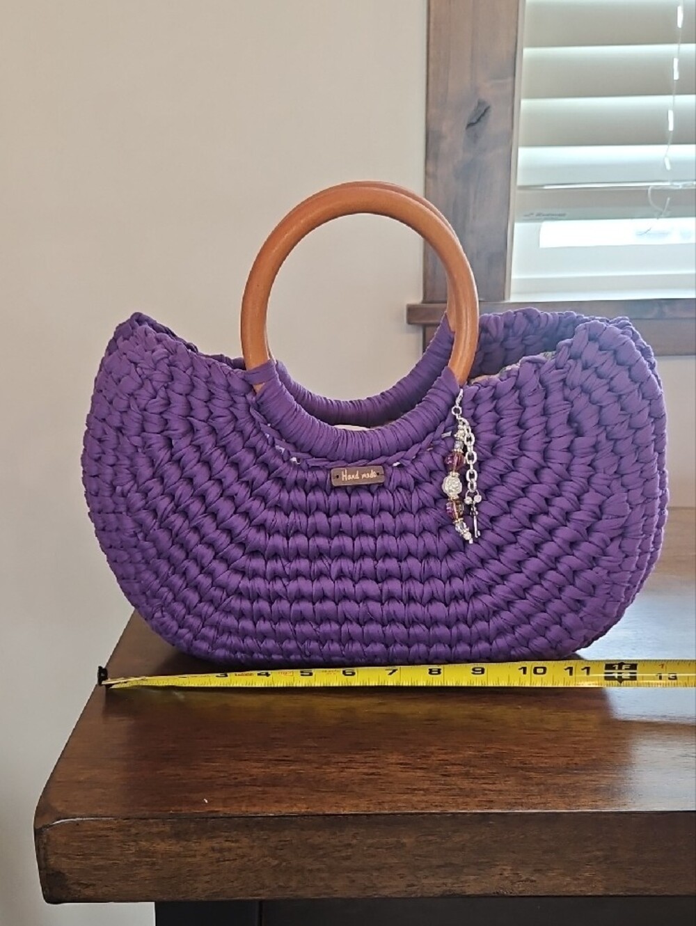 Hand Crochet Purple Tote with Wooden Handles - Picture 3 of 4